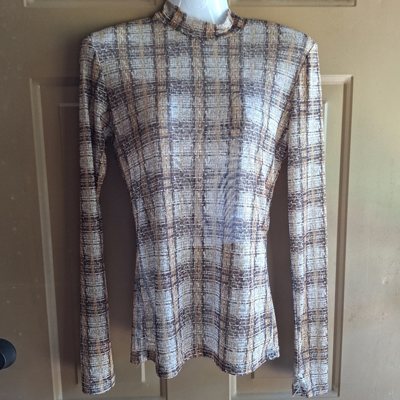 Willow + Root Buckle brown Plaid semi sheer mesh Mock neck top retro 70s Fall - Picture 2 of 9